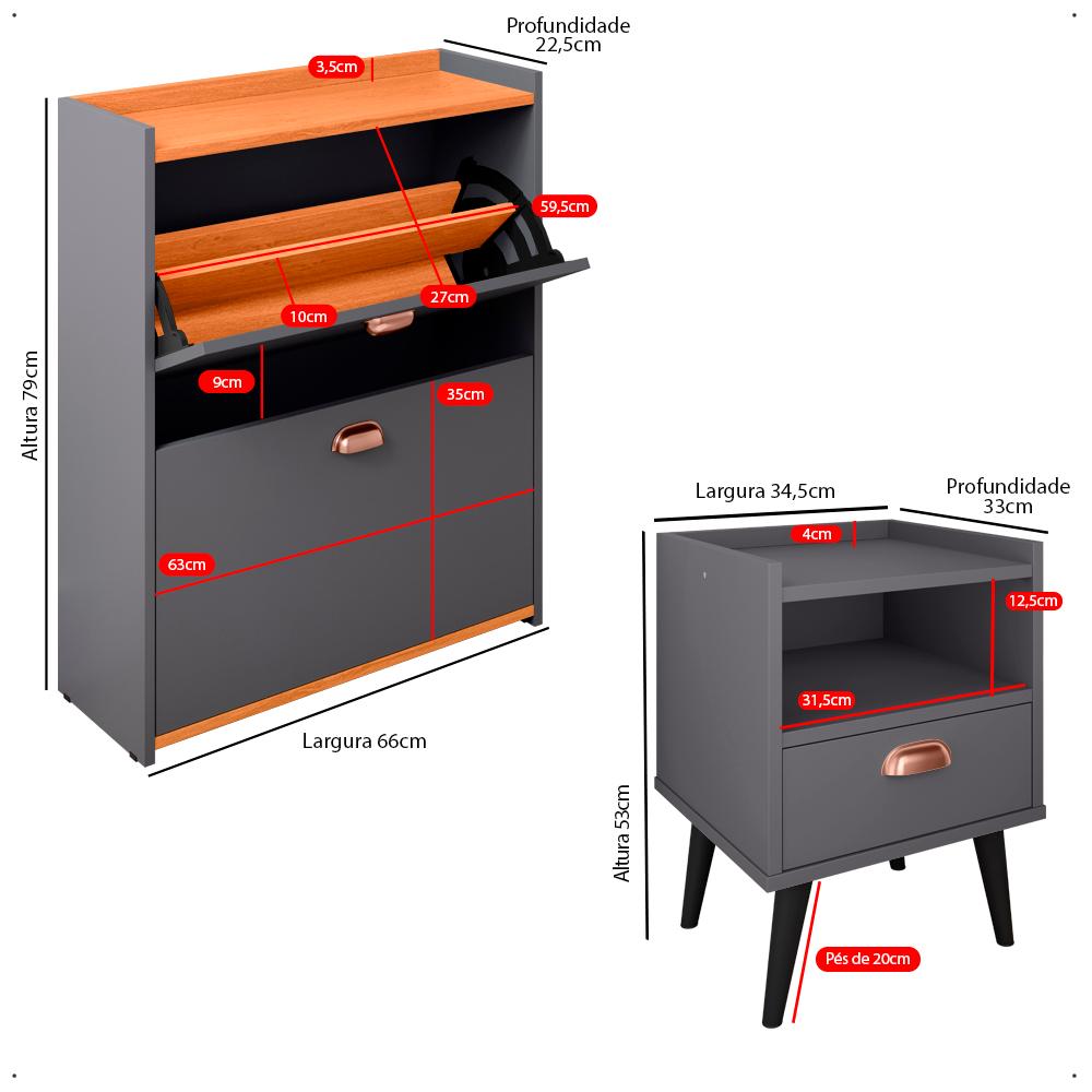 Kit Quarto 2 Mesas Cabeceira Estilo Pés Palito Retrô Sapateira Closet Puxador Concha Gavetas Basculante 12 Pares Calçados Cinza/Cinamomo - Lojas RPM