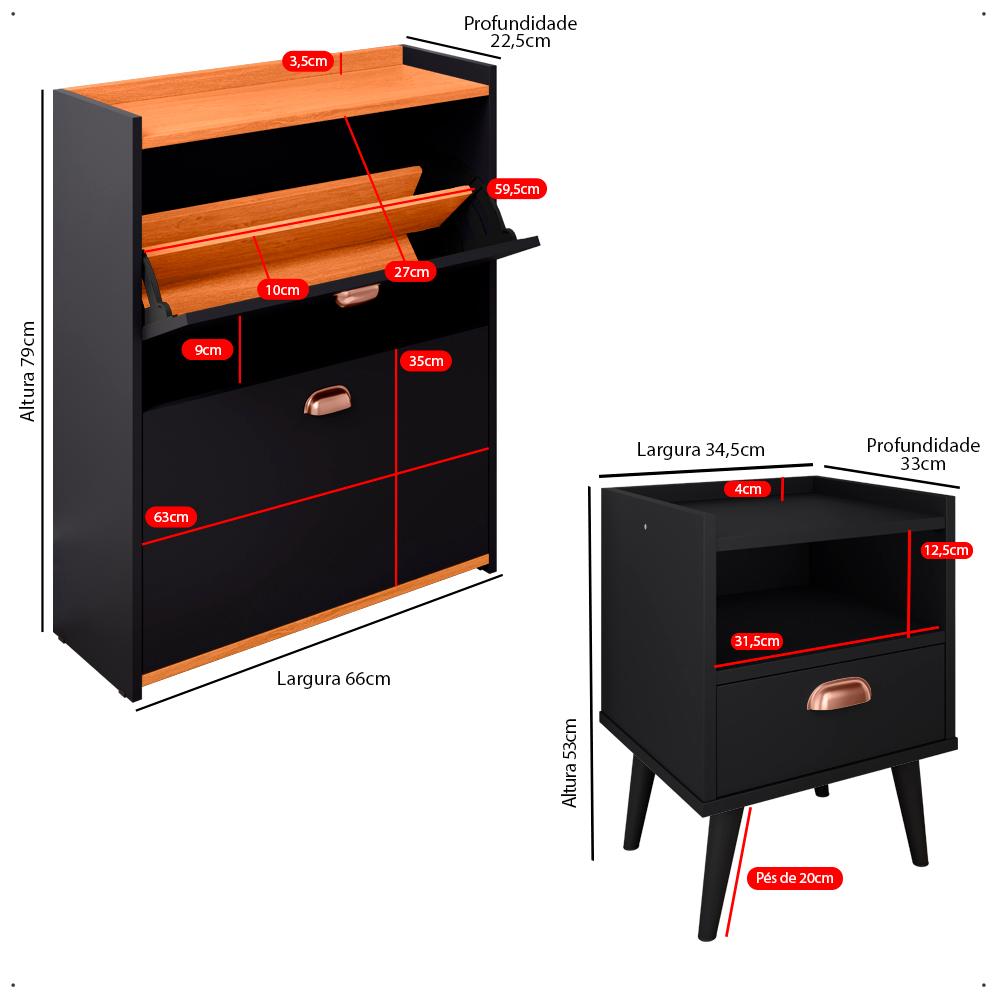 Kit Quarto 2 Mesas Cabeceira Estilo Pés Palito Retrô Sapateira Closet Puxador Concha Gavetas Basculante 12 Pares Calçados Preto/Cinamomo - Lojas RPM