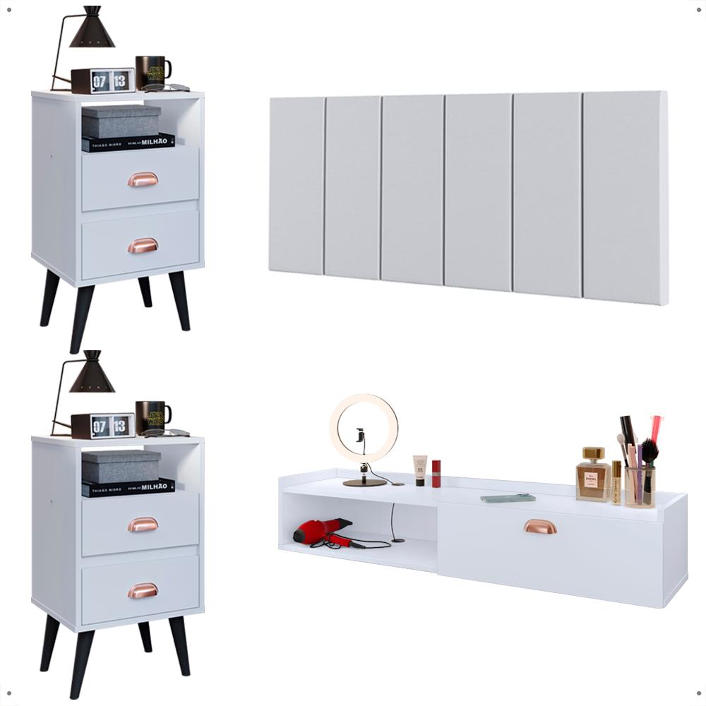 Kit Quarto 2 Mesas Cabeceira Penteadeira Suspensa Classic Cabeceira Júlia 1,40 Cama Box Casal Branco Corino - Lojas RPM