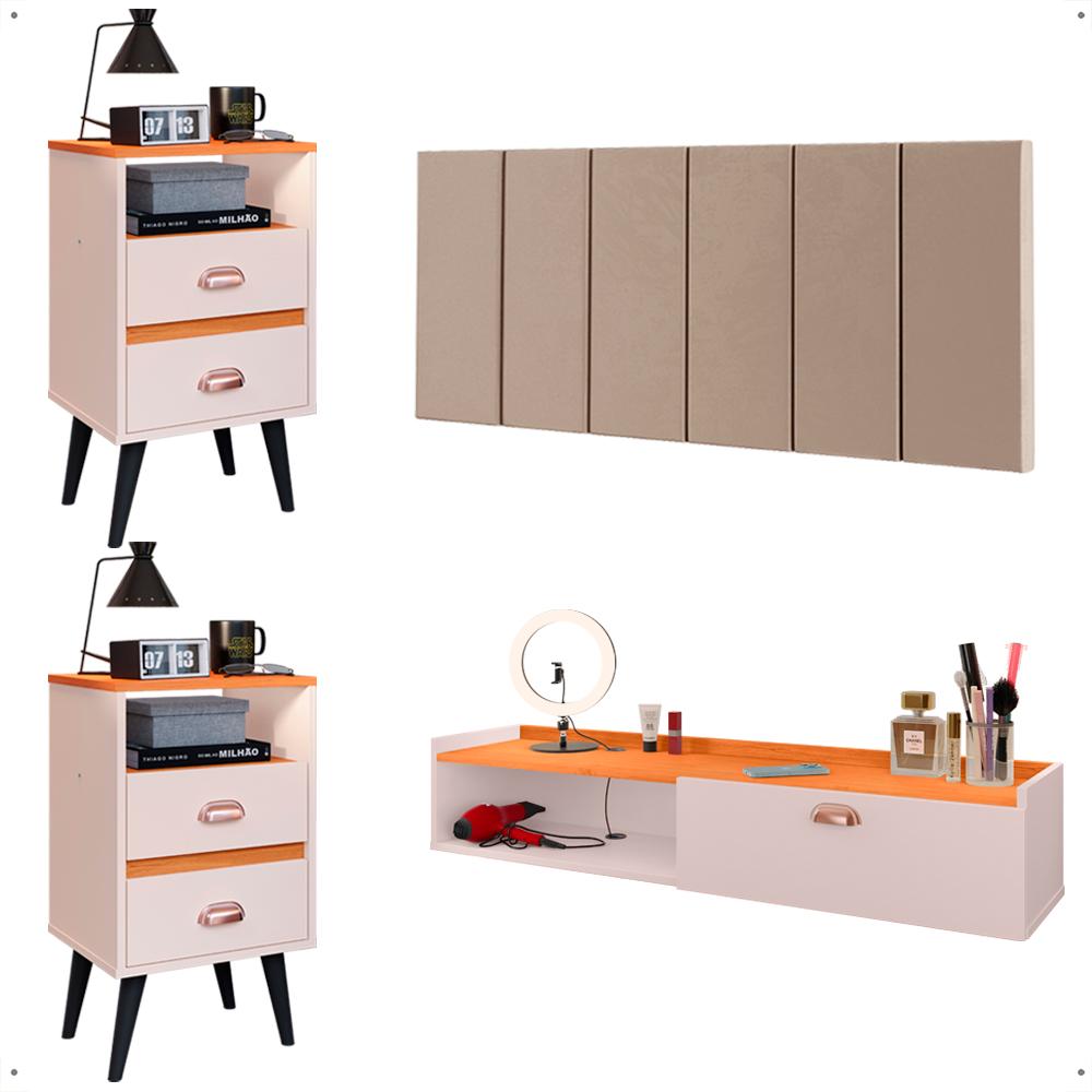 Kit Quarto 2 Mesas Cabeceira Penteadeira Suspensa Classic Off White/Cinamomo Cabeceira Júlia 1,40 Cama Box Casal Bege Suede - Lojas RPM