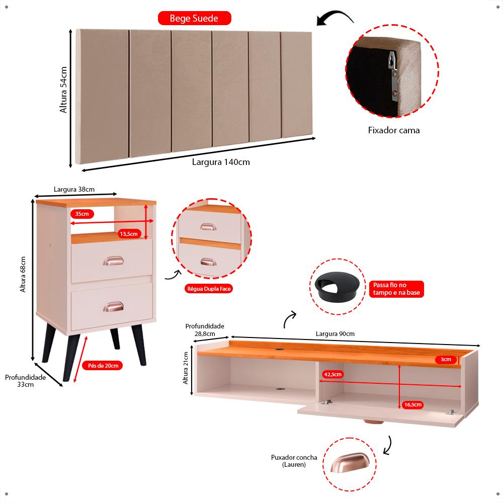 Kit Quarto 2 Mesas Cabeceira Penteadeira Suspensa Classic Off White/Cinamomo Cabeceira Júlia 1,40 Cama Box Casal Bege Suede - Lojas RPM