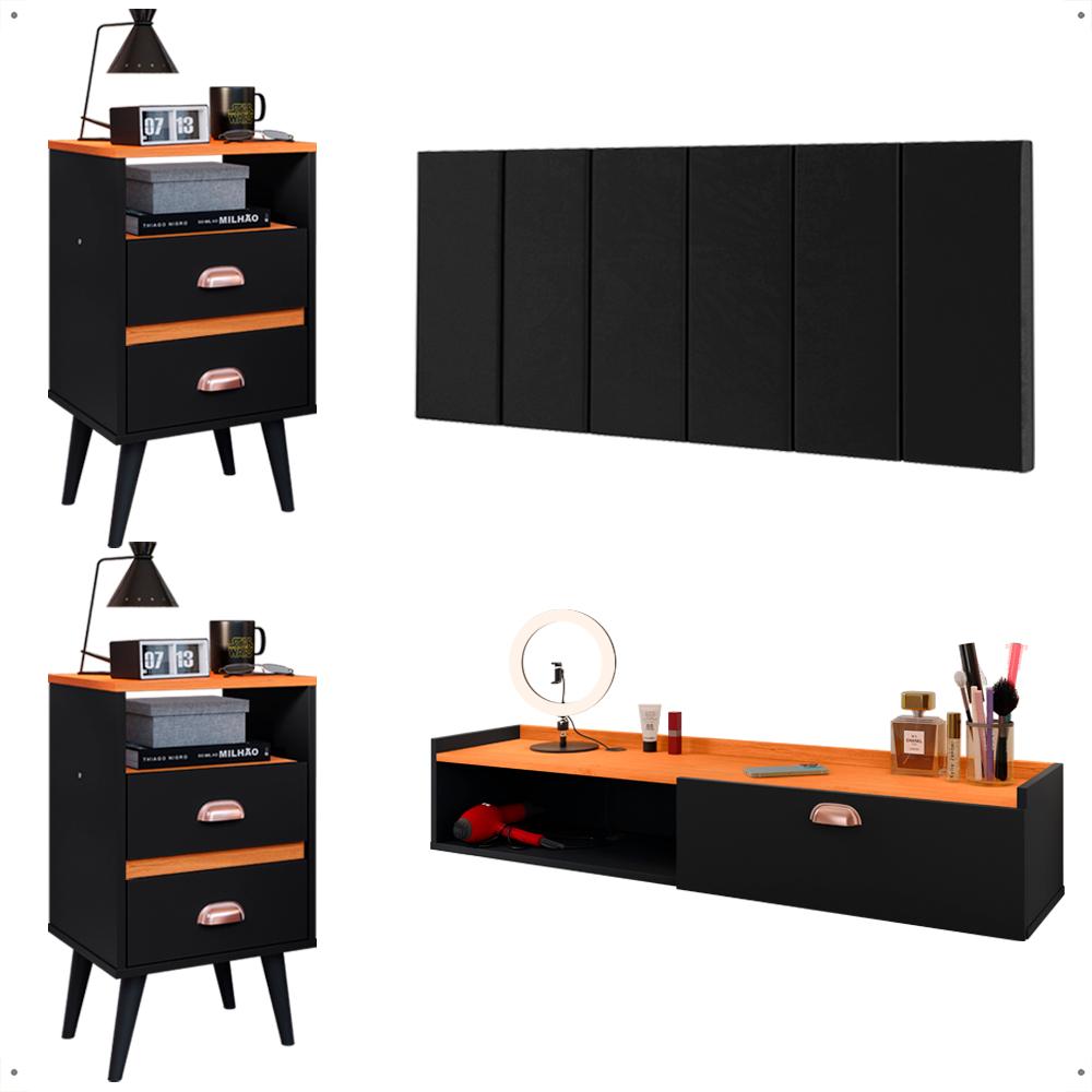 Kit Quarto 2 Mesas Cabeceira Penteadeira Suspensa Classic Preto/Cinamomo Cabeceira Júlia 1,40 Cama Box Casal Suede - Lojas RPM