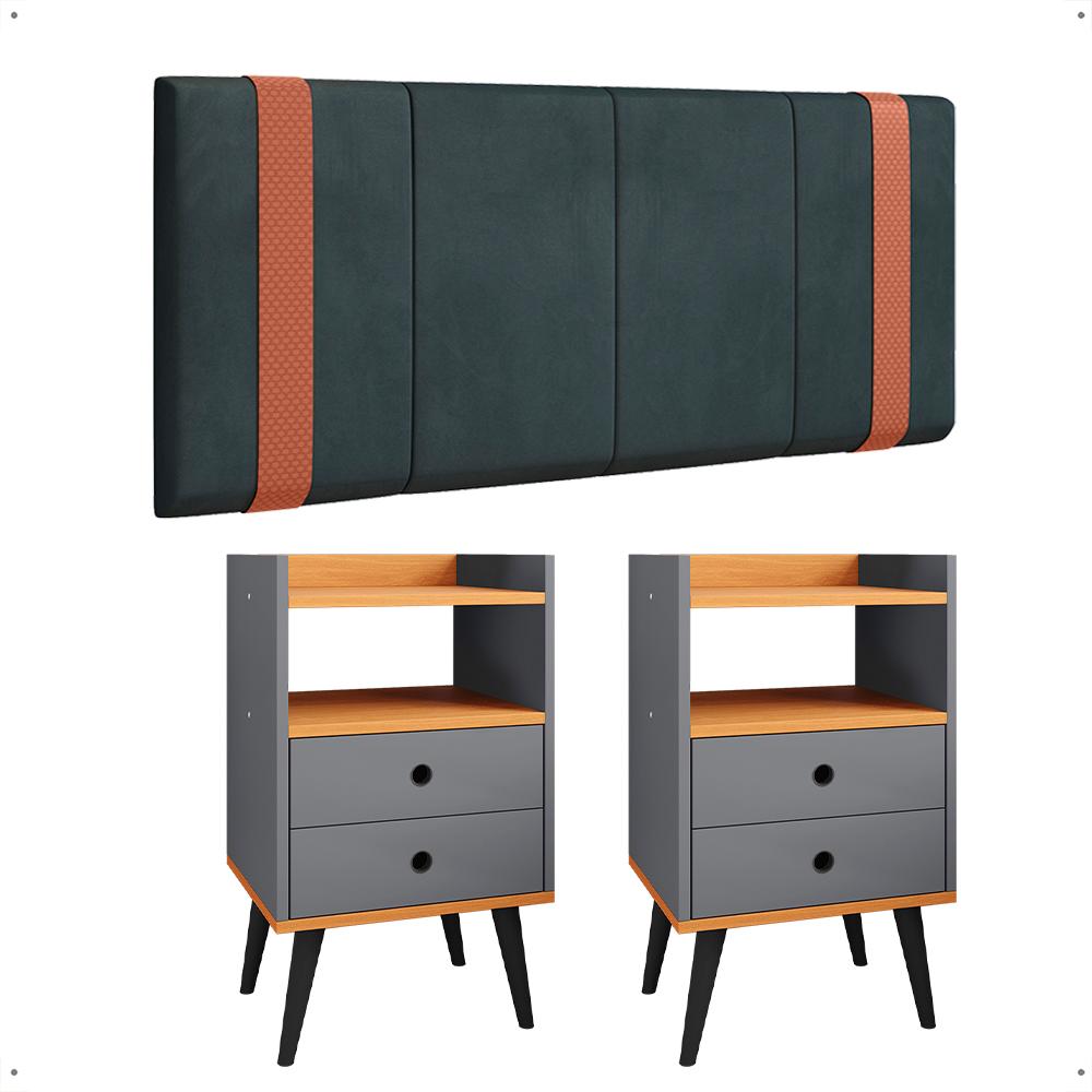 Kit Quarto 2 Mesas Cabeceira Retrô Cinza/Cinamomo Gavetas Nicho Painel Suspenso Cama Box Queen 1,60 Suede - Lojas RPM