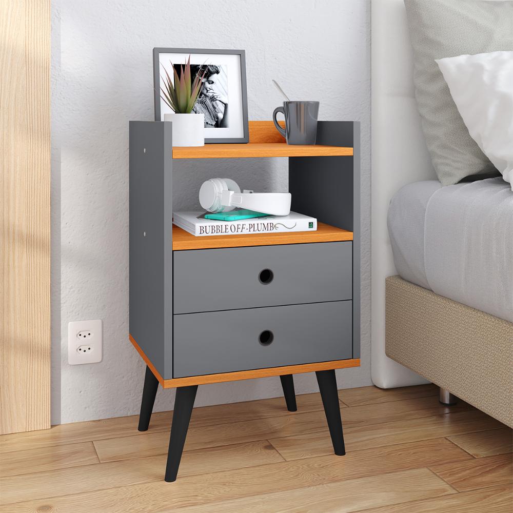 Kit Quarto 2 Mesas Cabeceira Retrô Cinza/Cinamomo Gavetas Nicho Painel Suspenso Cama Box Queen 1,60 Suede - Lojas RPM