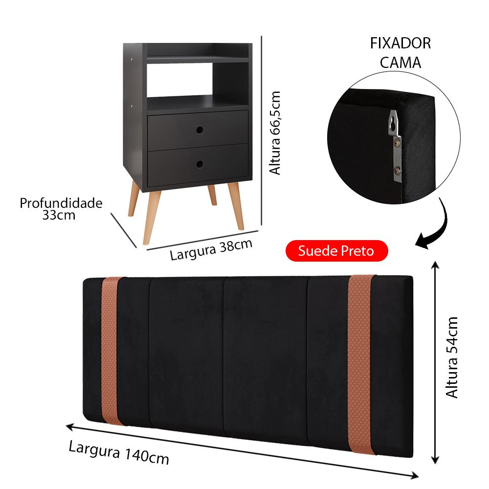 Kit Quarto 2 Mesas Cabeceira Retrô Gavetas Nicho Painel Suspenso Cama Box Casal 1,40 Preto Suede - Lojas RPM