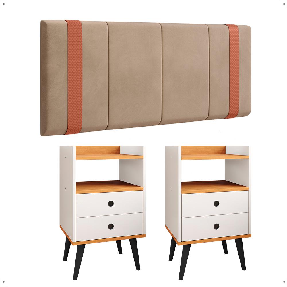 Kit Quarto 2 Mesas Cabeceira Retrô Off White/Cinamomo Gavetas Nicho Painel Suspenso Cama Box Queen 1,60 Bege Suede - Lojas RPM