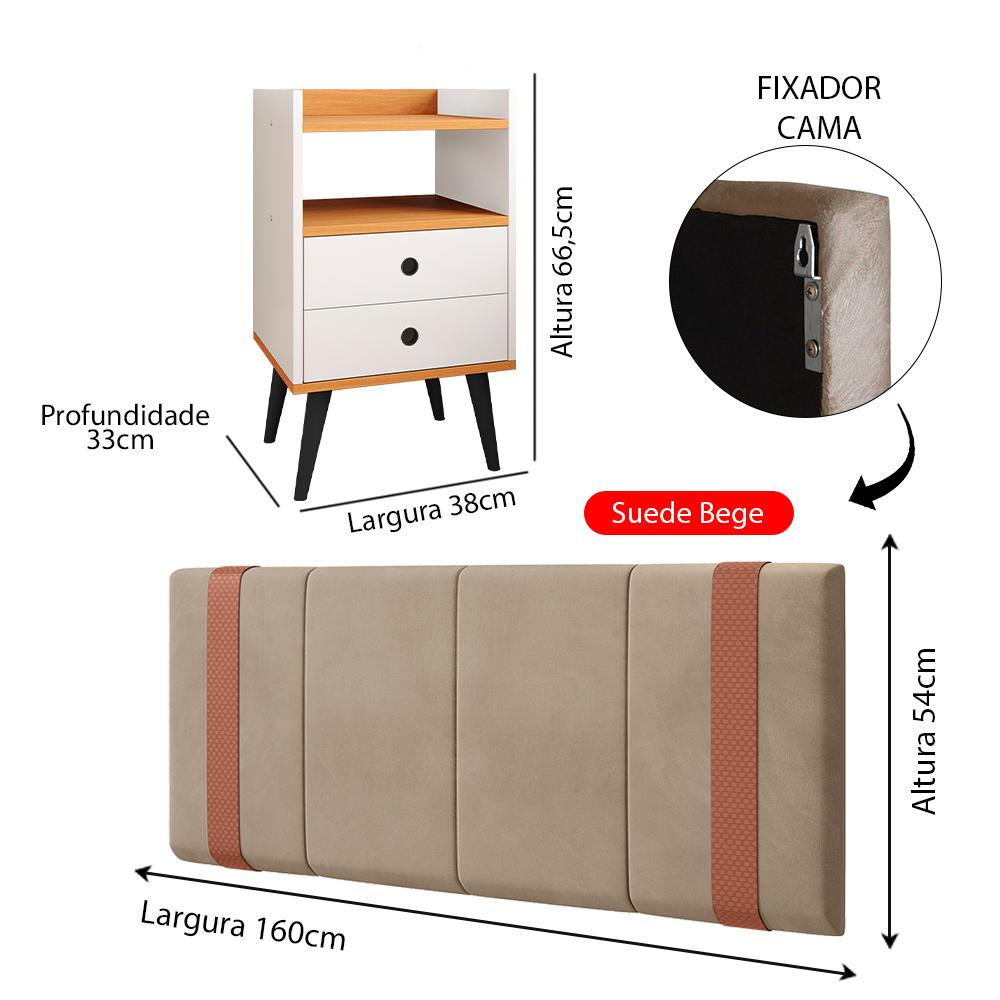 Kit Quarto 2 Mesas Cabeceira Retrô Off White/Cinamomo Gavetas Nicho Painel Suspenso Cama Box Queen 1,60 Bege Suede - Lojas RPM