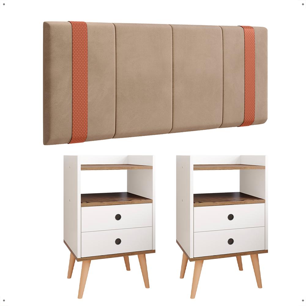 Kit Quarto 2 Mesas Cabeceira Retrô Off White/Freijó Gavetas Nicho Painel Suspenso Cama Box Queen 1,60 Bege Suede - Lojas RPM