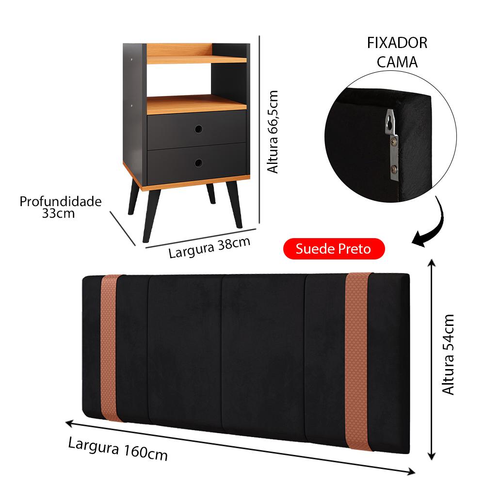 Kit Quarto 2 Mesas Cabeceira Retrô Preto/Cinamomo Gavetas Nicho Painel Suspenso Cama Box Queen 1,60 Suede - Lojas RPM