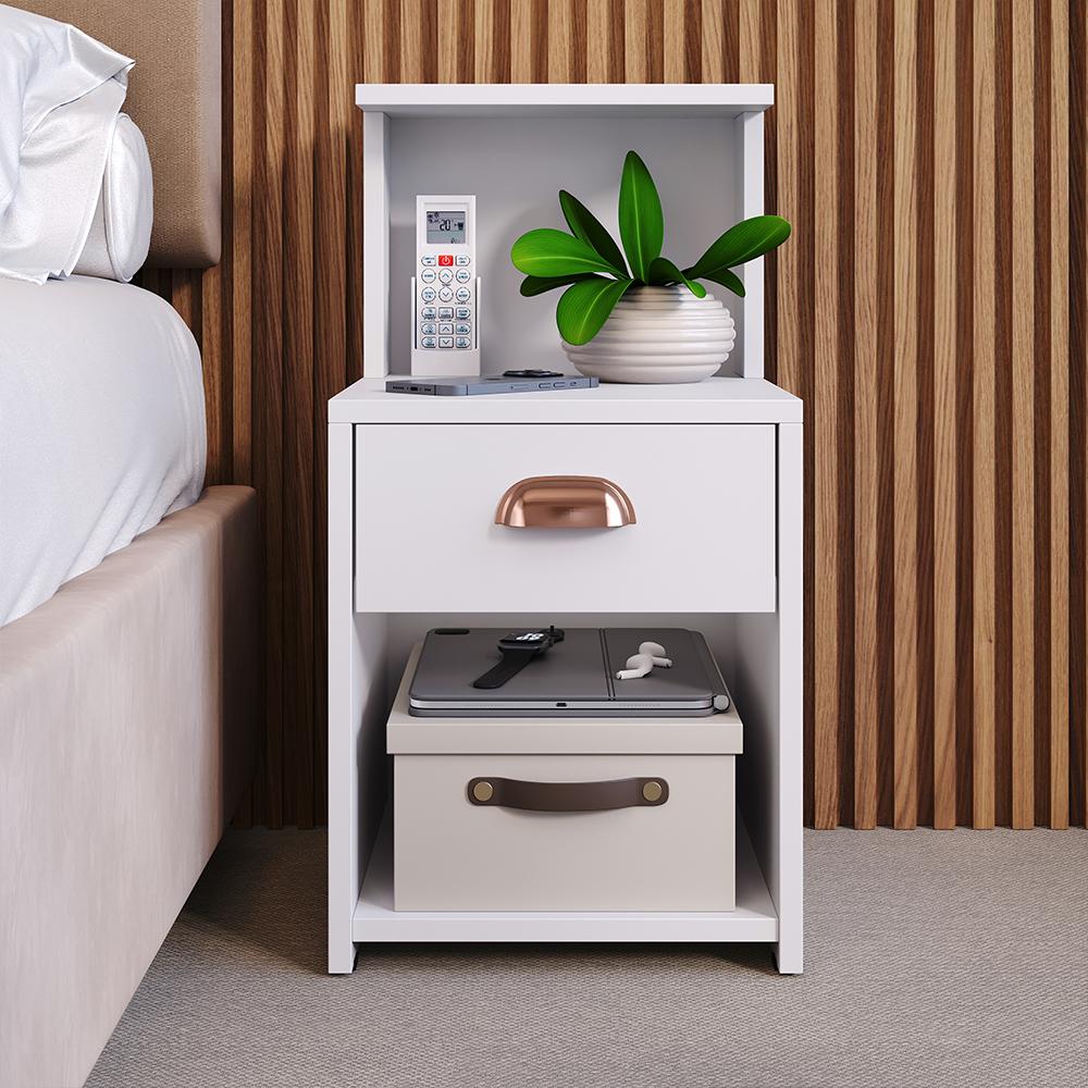 Kit Quarto 2 Mesas Cléo Branco Gaveta Nicho Prateleira Retrô Cabeceira Modulada Bia Suede Cama Box Casal 1,40 Marrom - RPM