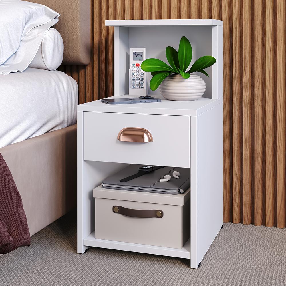 Kit Quarto 2 Mesas Cléo Branco Gaveta Nicho Prateleira Retrô Cabeceira Modulada Bia Suede Cama Box Casal 1,40 Marrom - RPM