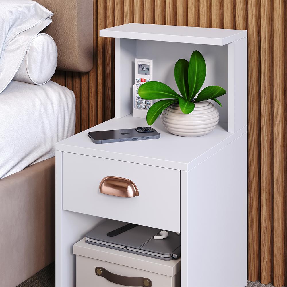 Kit Quarto 2 Mesas Cléo Branco Gaveta Nicho Prateleira Retrô Cabeceira Modulada Bia Suede Cama Box Casal 1,40 Marrom - RPM