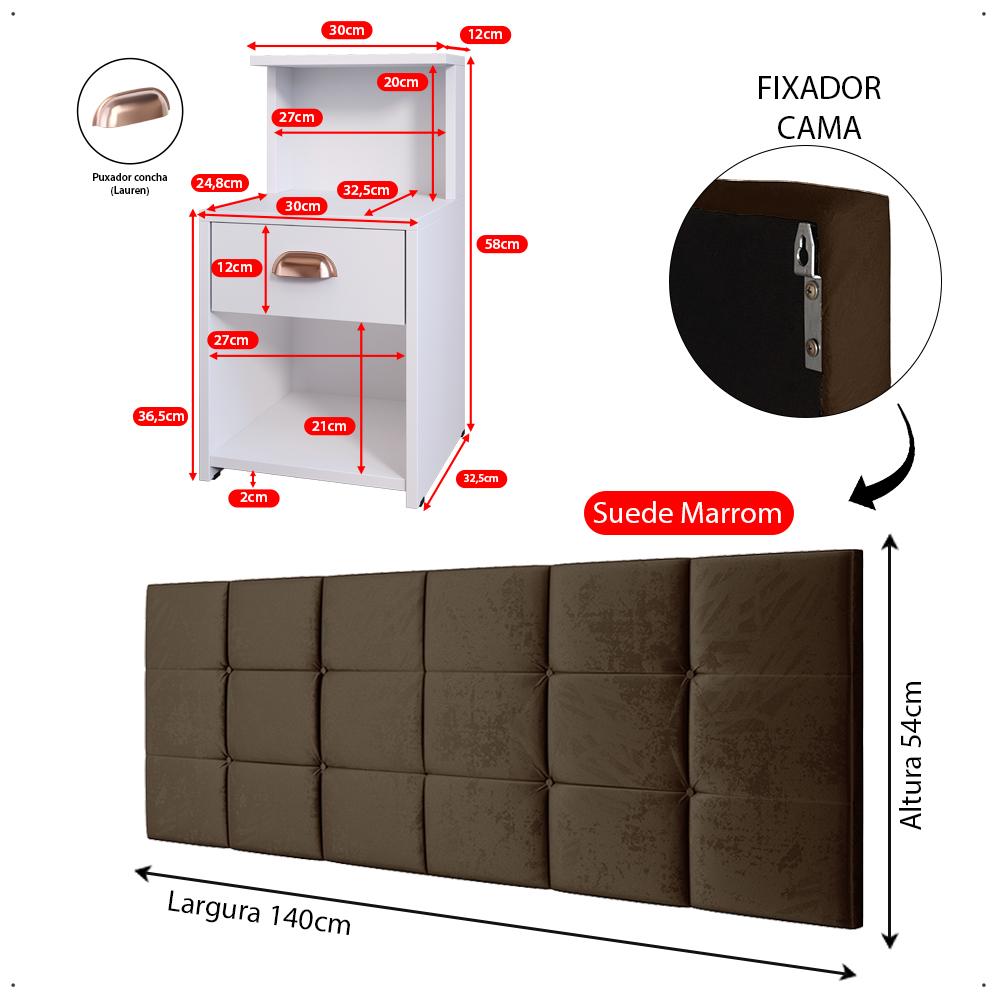 Kit Quarto 2 Mesas Cléo Branco Gaveta Nicho Prateleira Retrô Cabeceira Modulada Bia Suede Cama Box Casal 1,40 Marrom - RPM