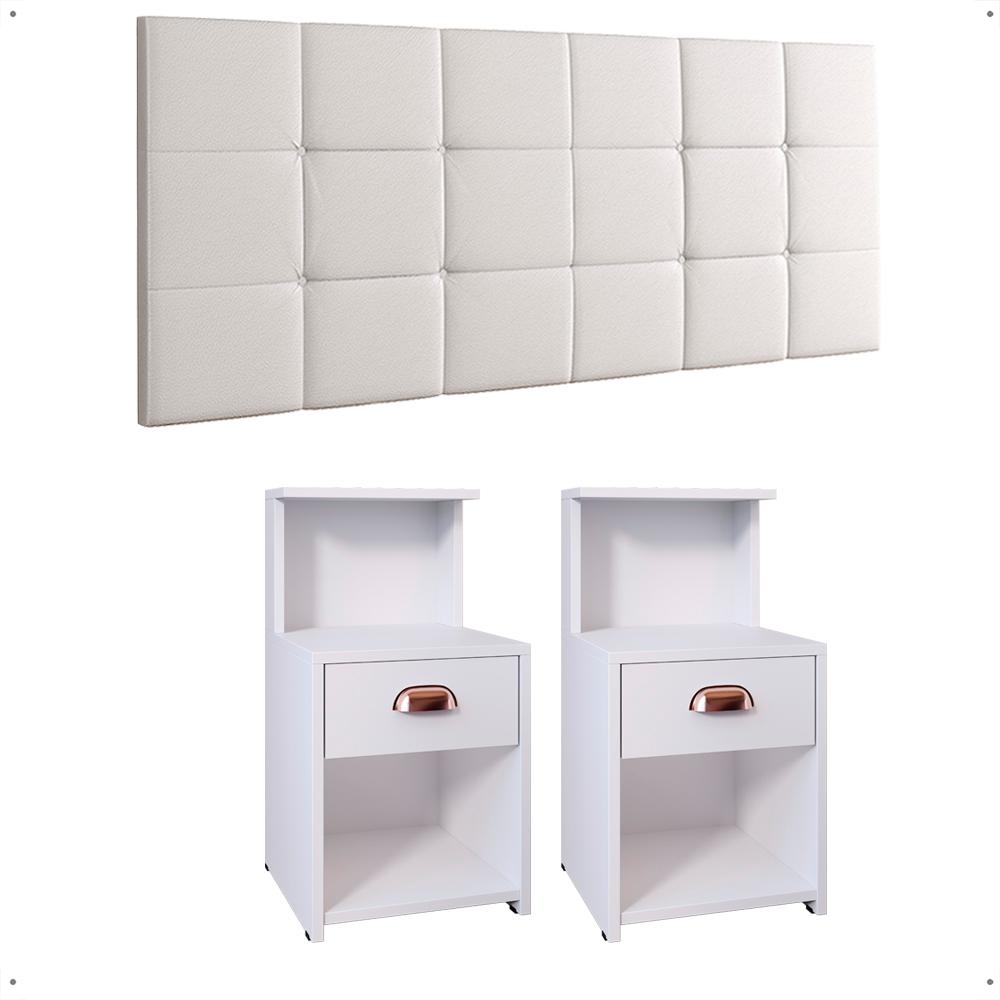 Kit Quarto 2 Mesas Cléo Gaveta Nicho Prateleira Retrô Cabeceira Modulada Bia Corino Cama Box Casal Queen 1,6 Branco - RPM