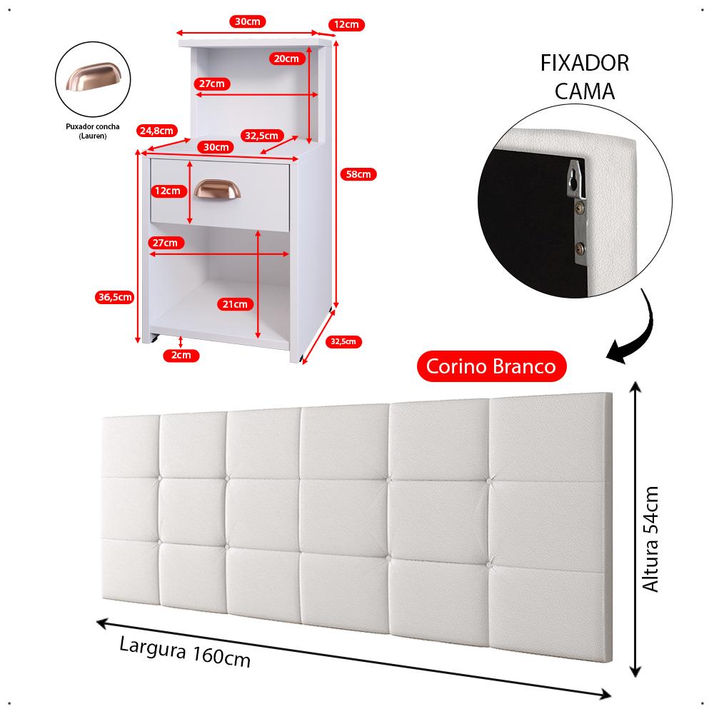 Kit Quarto 2 Mesas Cléo Gaveta Nicho Prateleira Retrô Cabeceira Modulada Bia Corino Cama Box Casal Queen 1,6 Branco - RPM