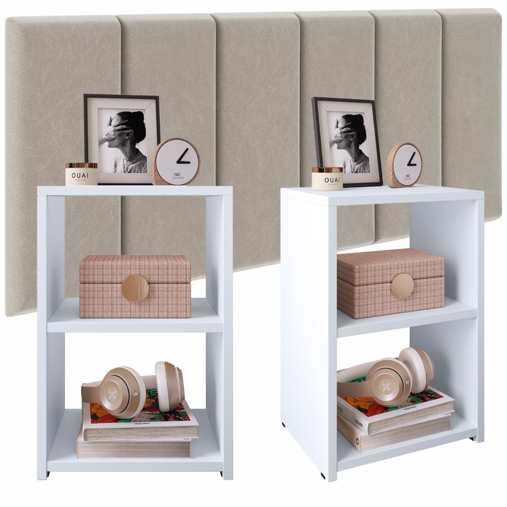 Kit Quarto 2 Mesinhas Bella Prateleira Criado Retrô Branco Cabeceira Estofada Júlia Bege Suede 1,40 Cama Box Casal - RPM