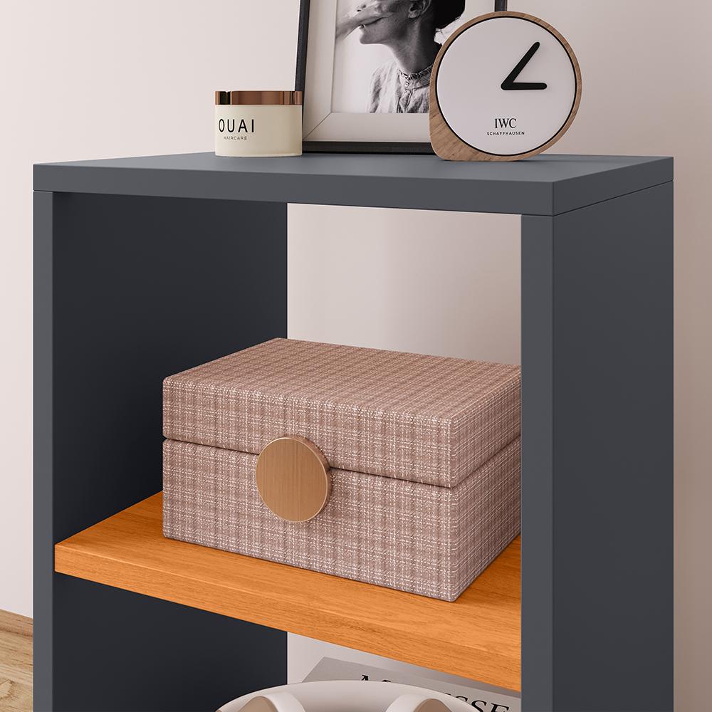 Kit Quarto 2 Mesinhas Bella Prateleira Criado Retrô Cinza/Cinamomo Cabeceira Estofada Júlia Cinza Suede 1,40 Cama Box Casal - RPM