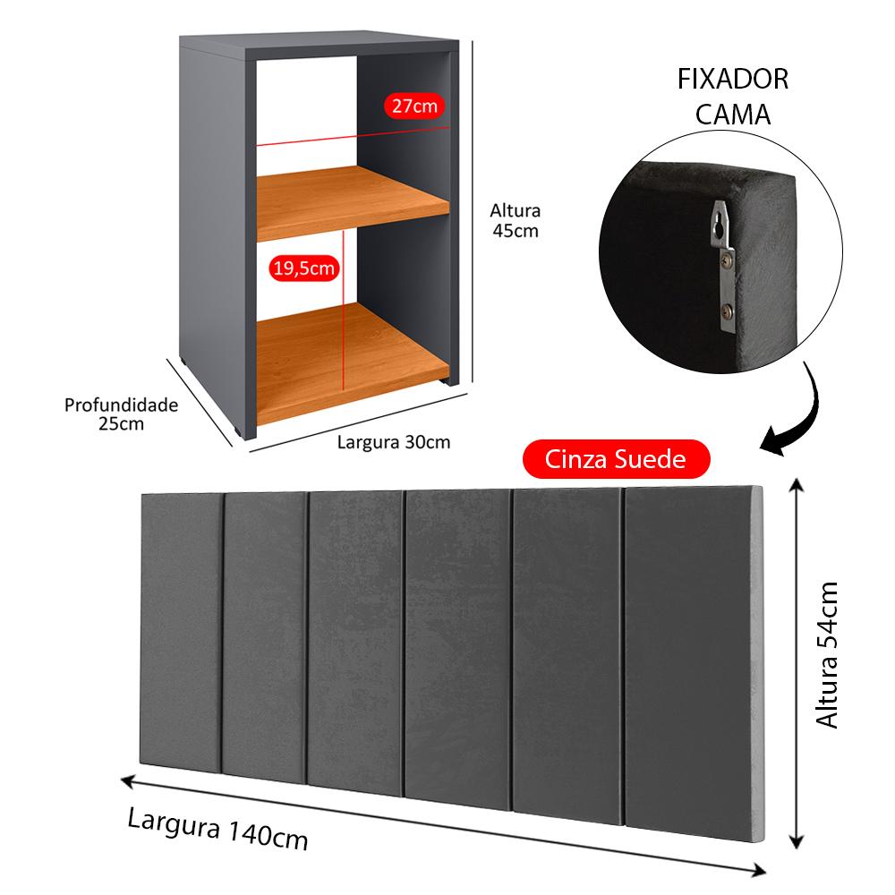 Kit Quarto 2 Mesinhas Bella Prateleira Criado Retrô Cinza/Cinamomo Cabeceira Estofada Júlia Cinza Suede 1,40 Cama Box Casal - RPM