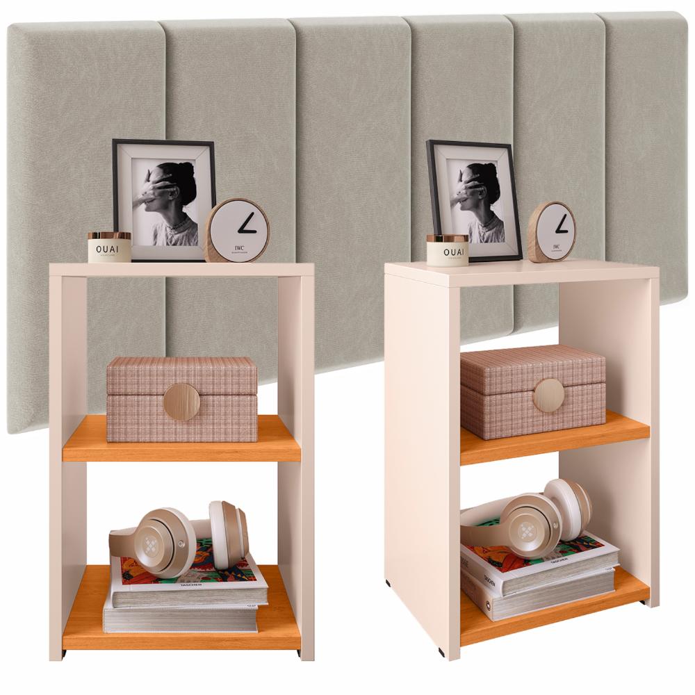 Kit Quarto 2 Mesinhas Bella Prateleira Criado Retrô Off/Cinamomo Cabeceira Estofada Júlia Bege Suede 1,40 Cama Box Casal - RPM