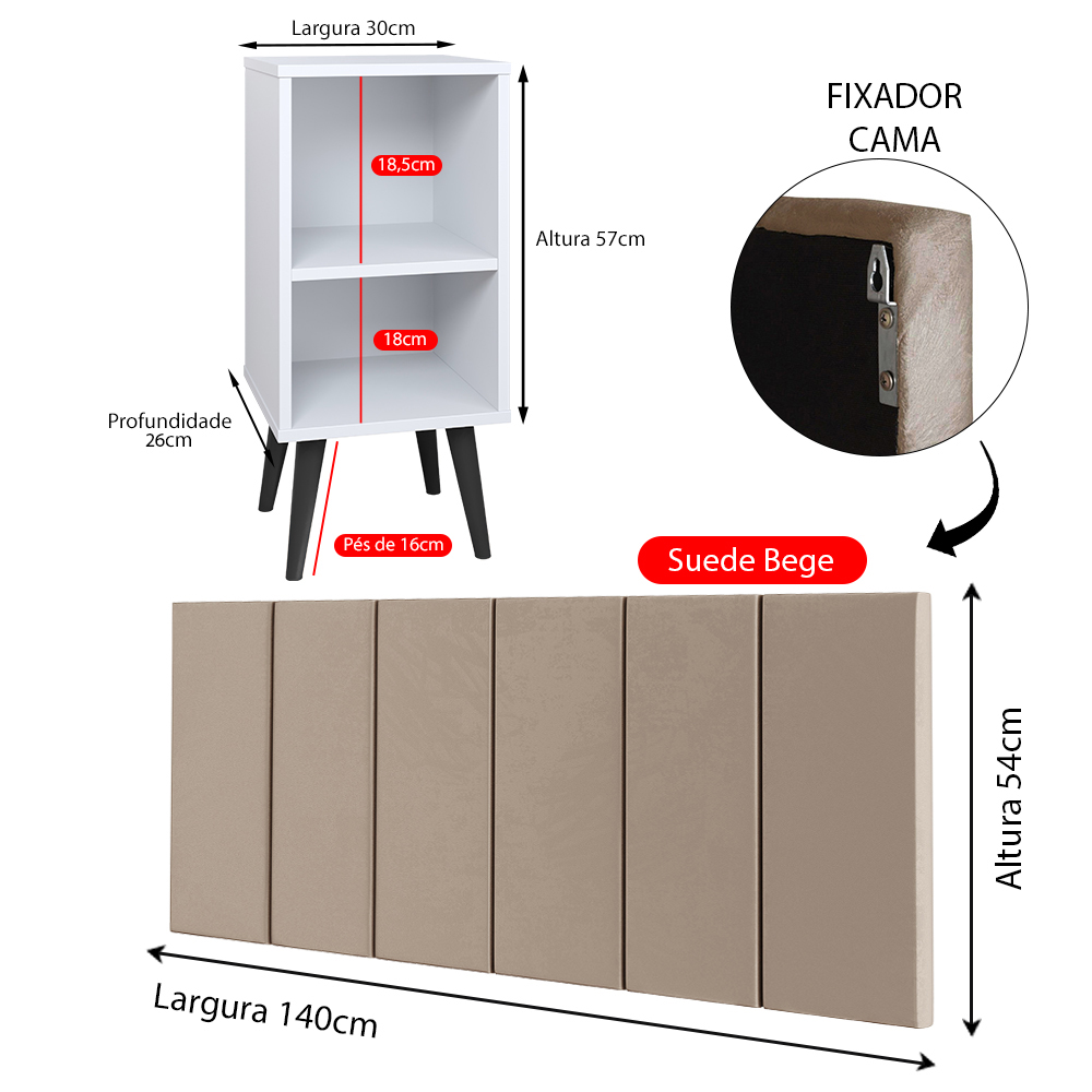 Kit Quarto 2 Mesinhas Charme Branco Nicho Prateleira Cabeceira Suspensa Julia Bege Suede 1,40 Cama Casal Box - Lojas RPM