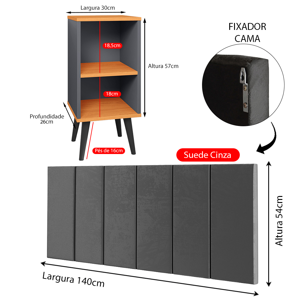 Kit Quarto 2 Mesinhas Charme Cinza/Cinamomo Nicho Prateleira Cabeceira Suspensa Julia Cinza Suede 1,40 Cama Casal Box - Lojas RPM