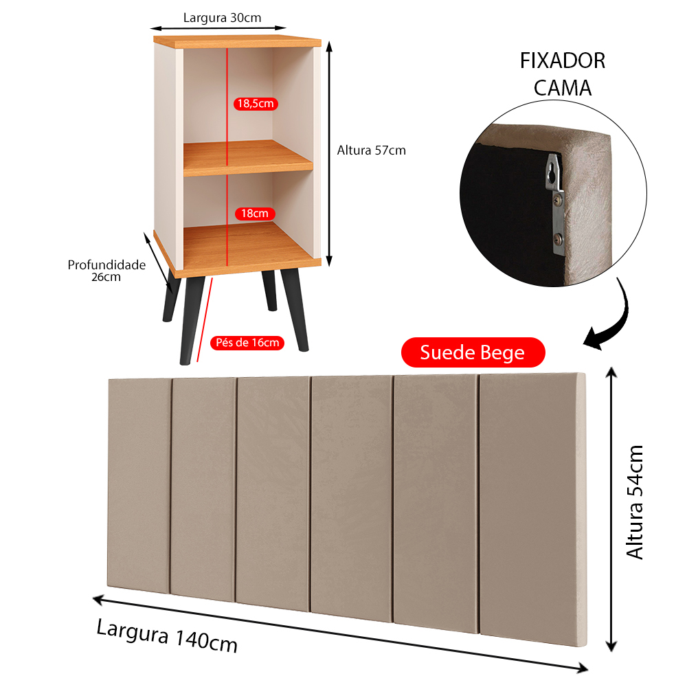 Kit Quarto 2 Mesinhas Charme Off White/Cinamomo Nicho Prateleira Cabeceira Suspensa Julia Bege Suede 1,40 Cama Casal Box - Lojas RPM