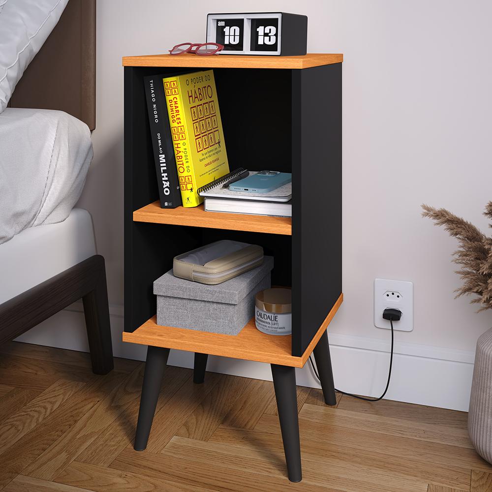 Kit Quarto 2 Mesinhas Charme Preto/Cinamomo Nicho Prateleira Cabeceira Suspensa Julia Preto Suede 1,40 Cama Casal Box - Lojas RPM