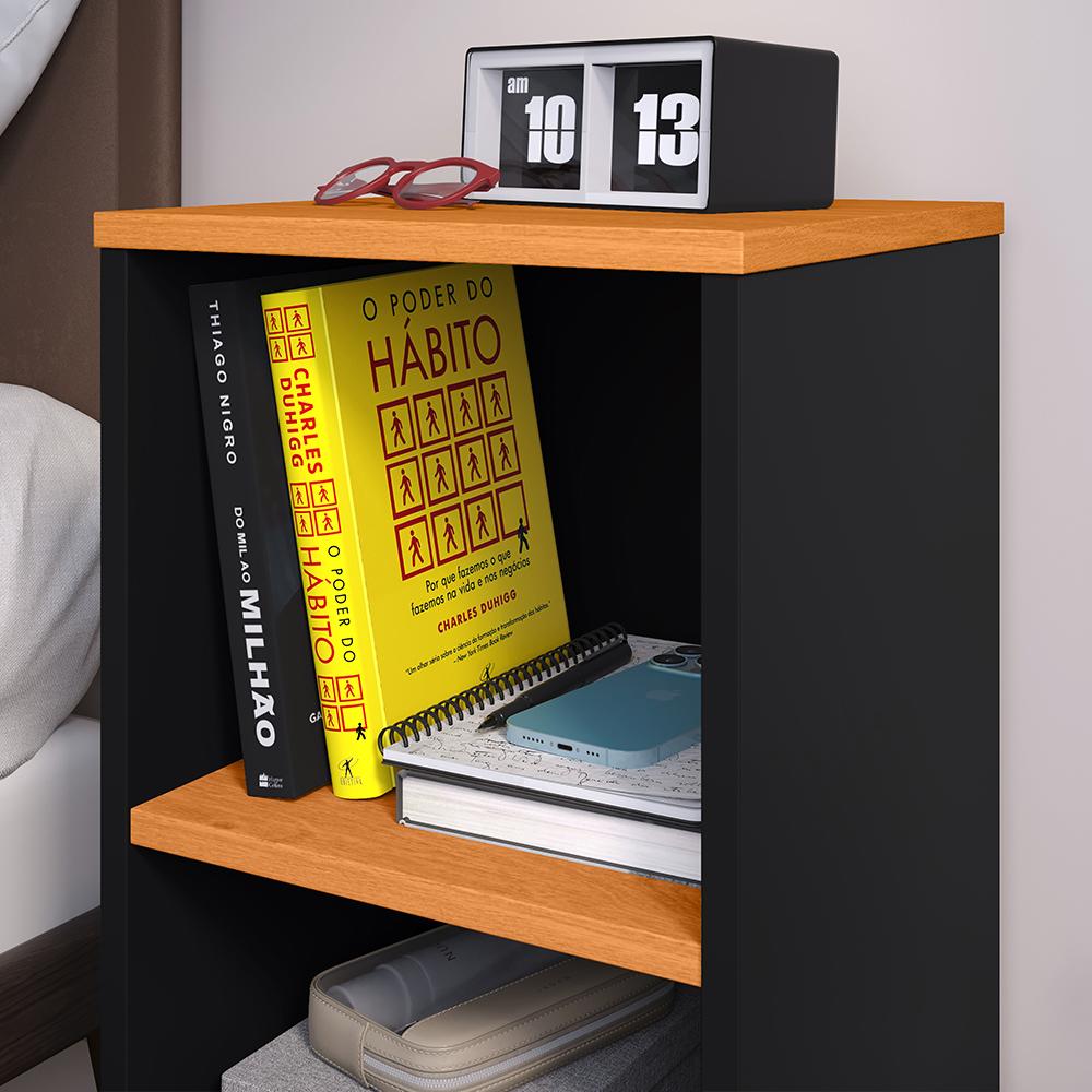 Kit Quarto 2 Mesinhas Charme Preto/Cinamomo Nicho Prateleira Cabeceira Suspensa Julia Preto Suede 1,40 Cama Casal Box - Lojas RPM