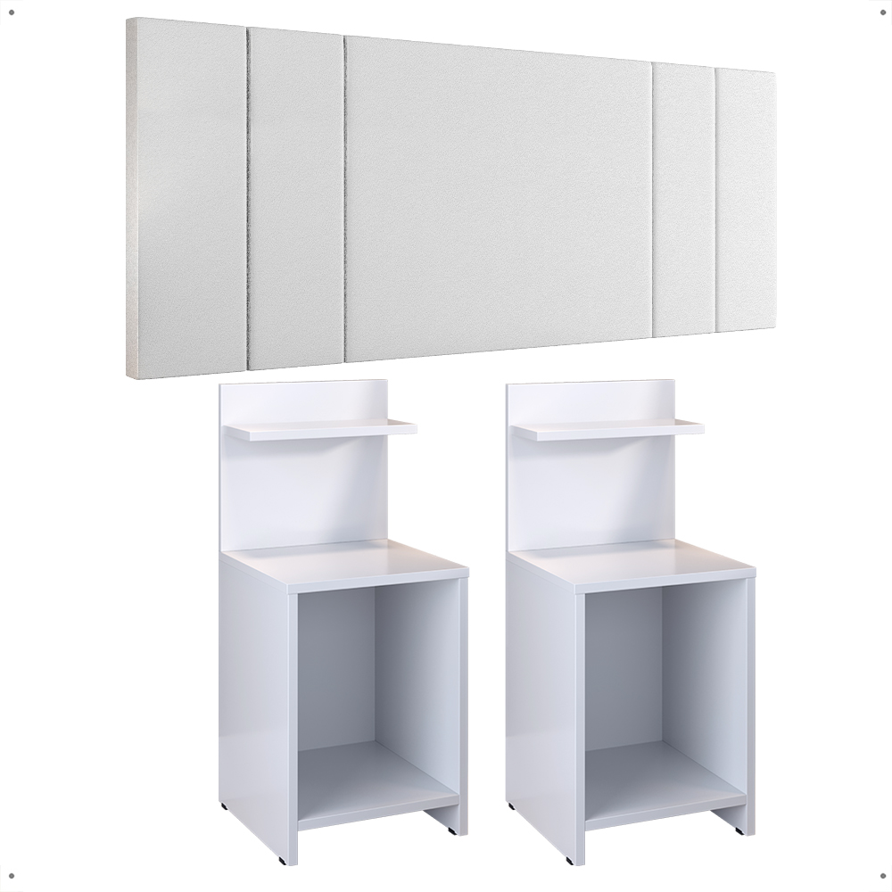 Kit Quarto 2 Mesinhas Lateral Fantasy Branco Prateleira Nicho Cabeceira Luana Suspensa Cama Box Casal 1,40 Corino - Lojas RPM