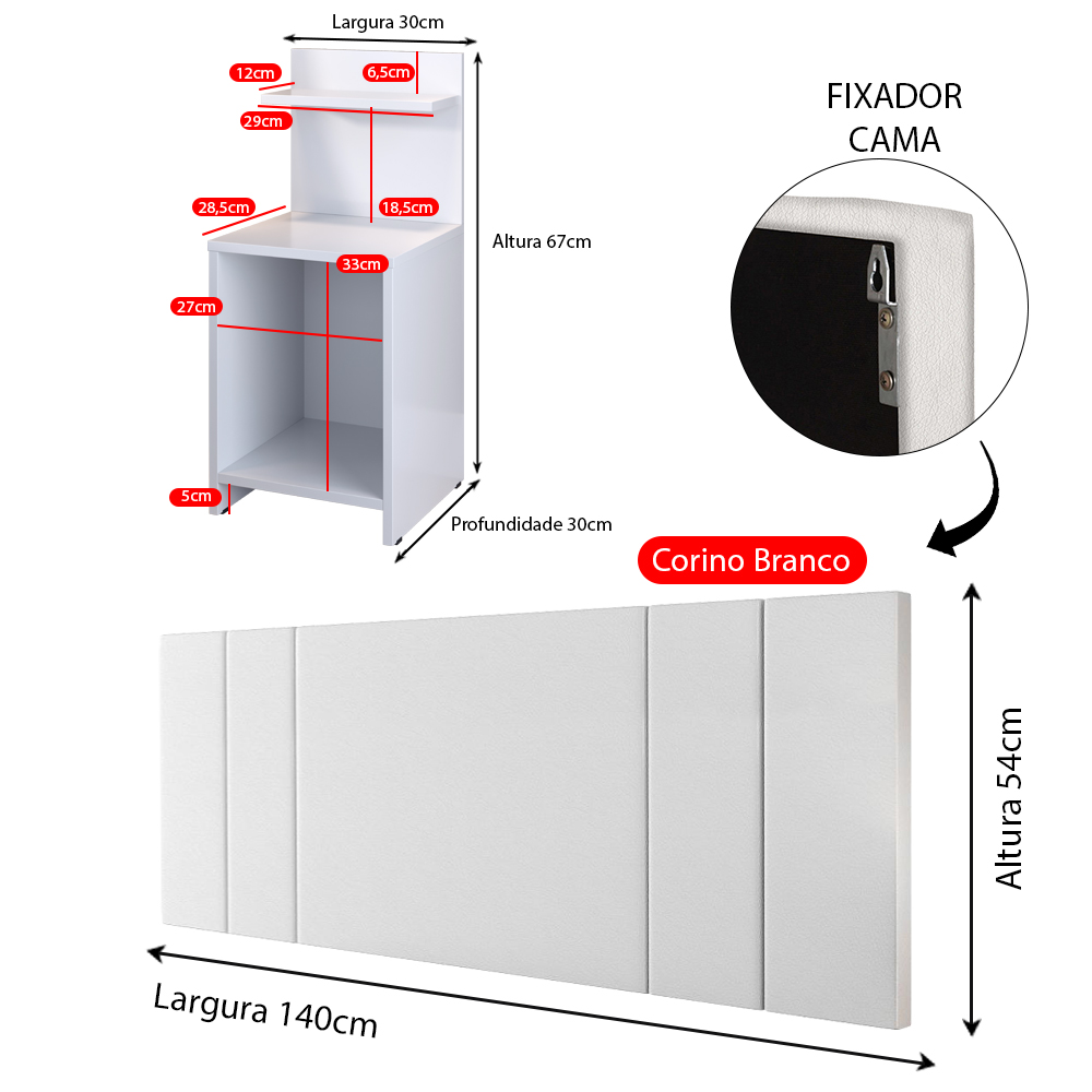 Kit Quarto 2 Mesinhas Lateral Fantasy Branco Prateleira Nicho Cabeceira Luana Suspensa Cama Box Casal 1,40 Corino - Lojas RPM
