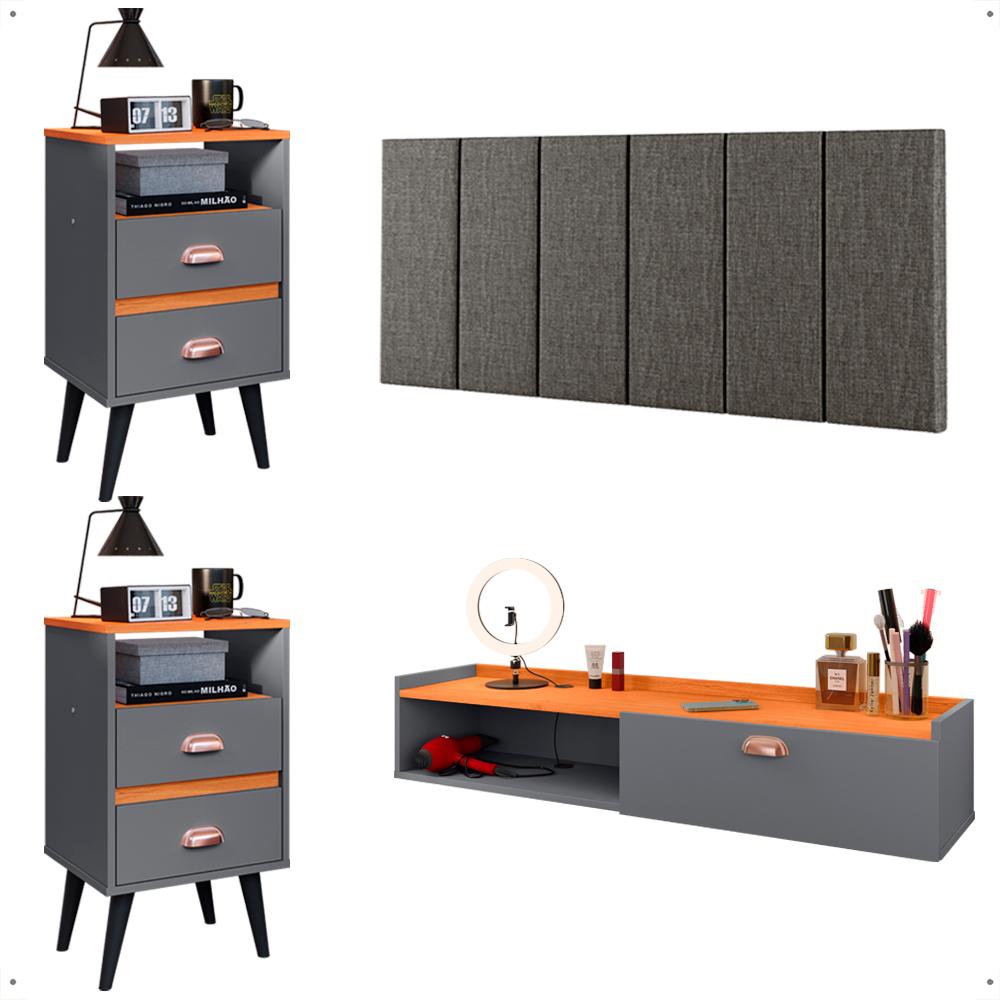 Kit Quarto 2 Mesinhas Mesa Lateral Cama Penteadeira Suspensa Camarim Cinza/Cinamomo Cabeceira King Size 1,95 Estofada Linho - Lojas RPM