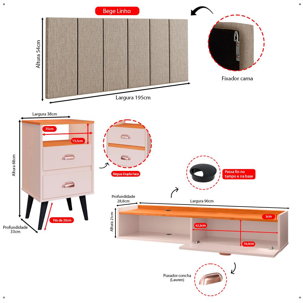 Kit Quarto 2 Mesinhas Mesa Lateral Cama Penteadeira Suspensa Camarim Off White/Cinamomo Cabeceira King Size 1,95 Estofada Bege Linho - Lojas RPM