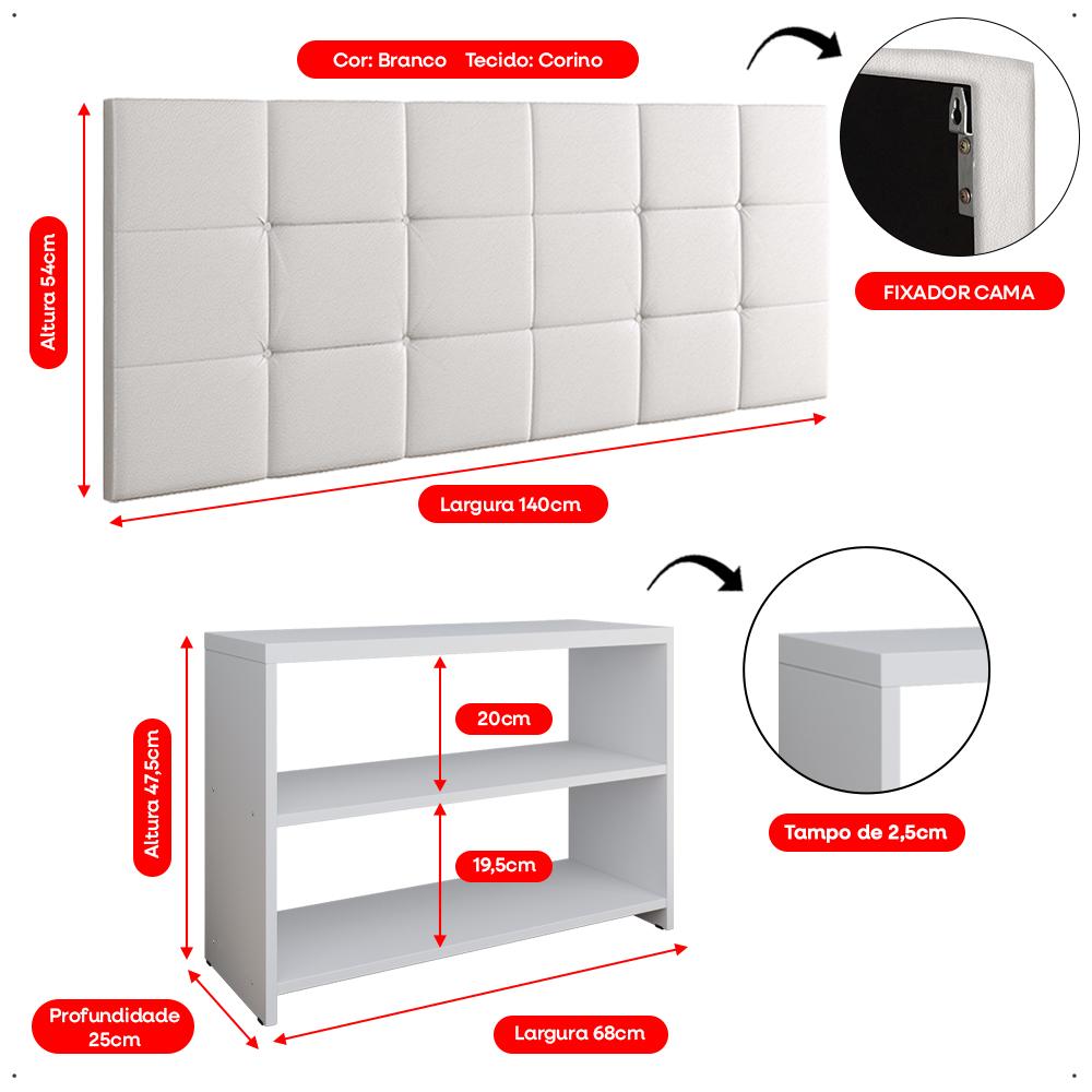 Kit Quarto 2 Sapateira Recamier Organizadora 9 Pares Calçados Branco Cabeceira Suspensa Cama Box Casal 1,40 Corino - Lojas RPM