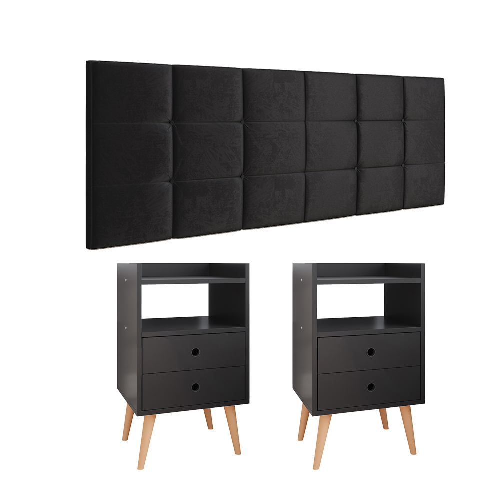 Kit Quarto Cabeceira Cama Casal Box Queen 1,60 Bia e 2 Mesinhas Decorativas Dream Preto - Lojas RPM