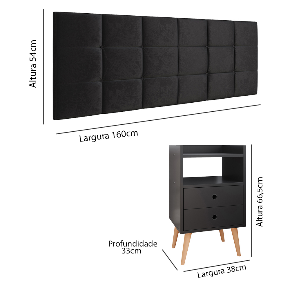 Kit Quarto Cabeceira Cama Casal Box Queen 1,60 Bia e 2 Mesinhas Decorativas Dream Preto - Lojas RPM