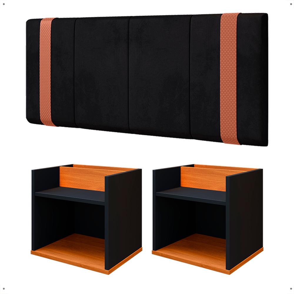 Kit Quarto Casal 2 Mesas Cabeceira Suspensa Madri Divisória Superior Preto/Cinamomo Painel Estofado Parise Cama Box Queen 1,60 Suede - Lojas RPM