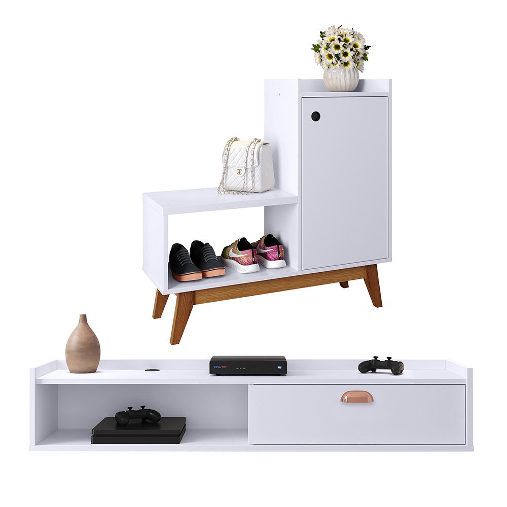 Kit Quarto Sapateira Shoes Banquinho Pés Madeira Rack Suspenso Home Decor Sala Decoração Casa Branco - RPM Móveis