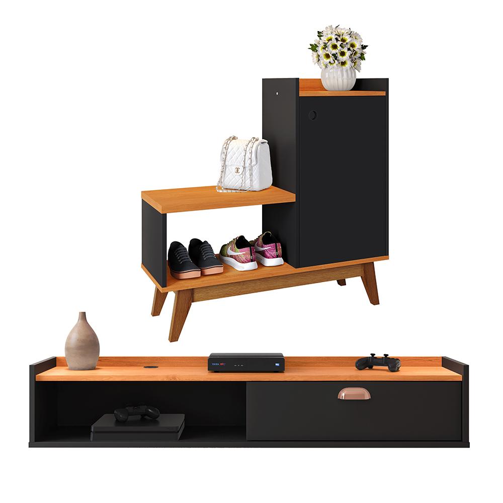 Kit Quarto Sapateira Shoes Banquinho Pés Madeira Rack Suspenso Home Decor Sala Decoração Casa Preto/Cinamomo - RPM Móveis