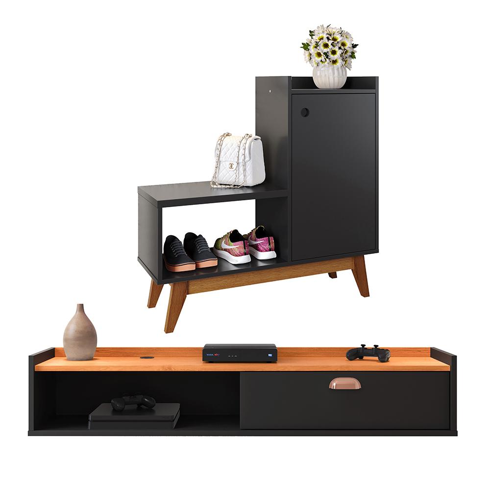 Kit Quarto Sapateira Shoes Preto Banquinho Pés Madeira Rack Suspenso Home Decor Sala Decoração Casa Preto/Cinamomo - RPM Móveis