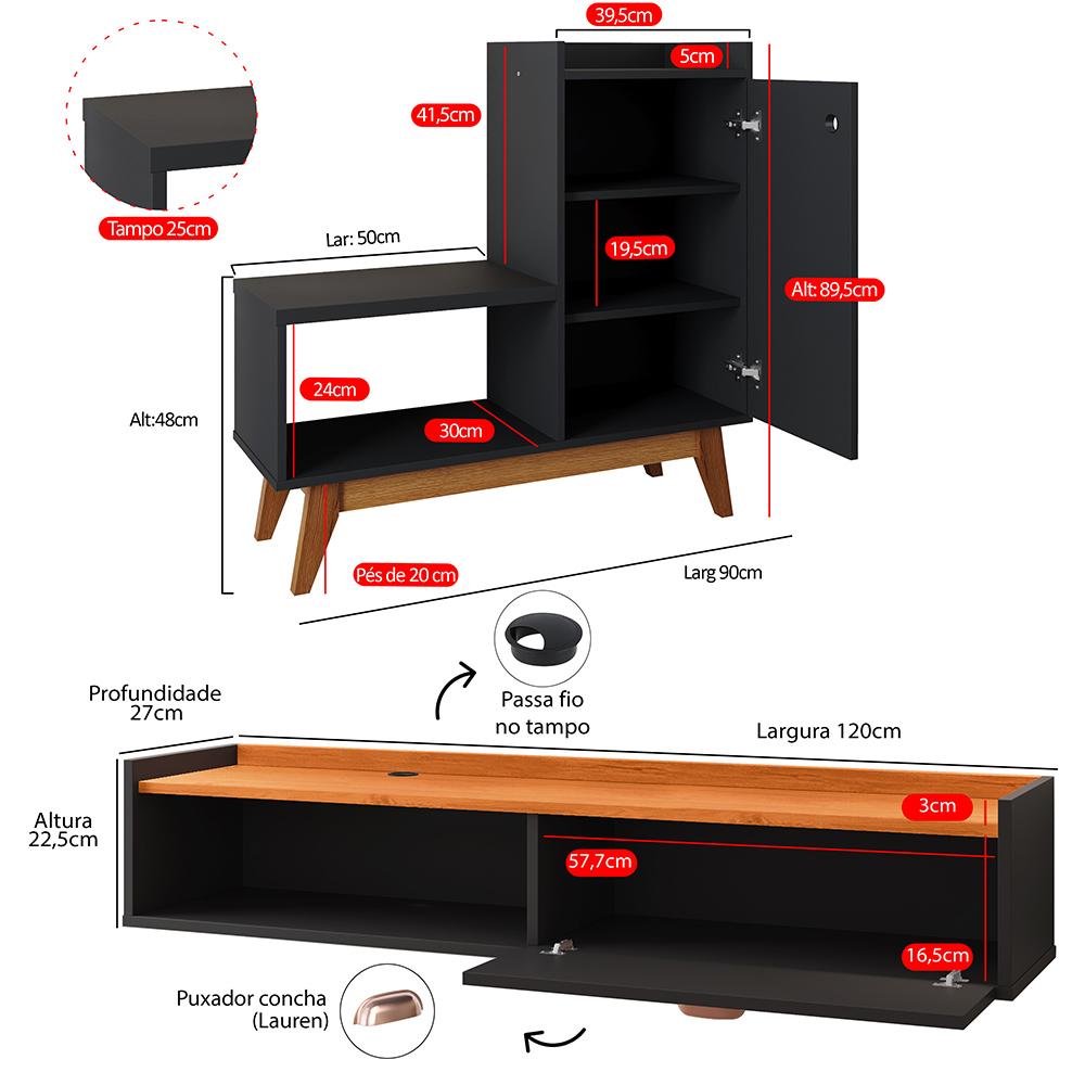 Kit Quarto Sapateira Shoes Preto Banquinho Pés Madeira Rack Suspenso Home Decor Sala Decoração Casa Preto/Cinamomo - RPM Móveis