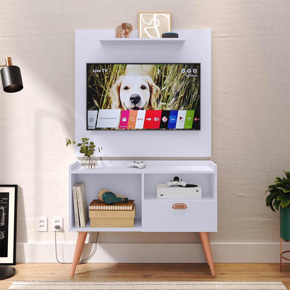 Kit Sala Estar Completa Painel Tv 32 Polegadas Prateleira Suspensa Rack Retrô 1 Porta Puxador Concha Branco - Lojas RPM