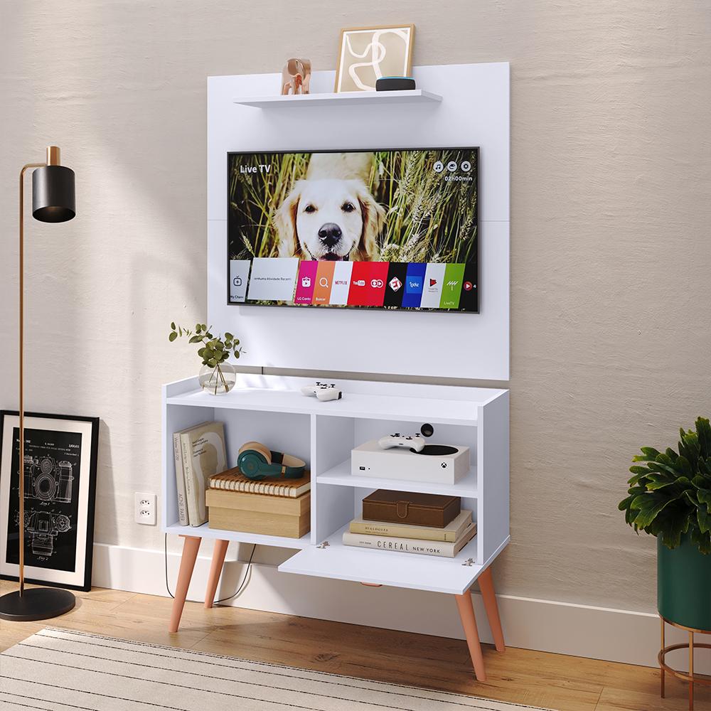 Kit Sala Estar Completa Painel Tv 32 Polegadas Prateleira Suspensa Rack Retrô 1 Porta Puxador Concha Branco - Lojas RPM