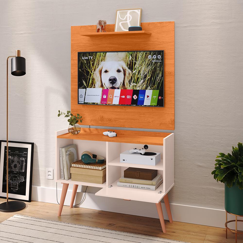 Kit Sala Estar Completa Painel Tv 32 Polegadas Prateleira Suspensa Rack Retrô 1 Porta Puxador Concha Cinamomo/Off White - Lojas RPM