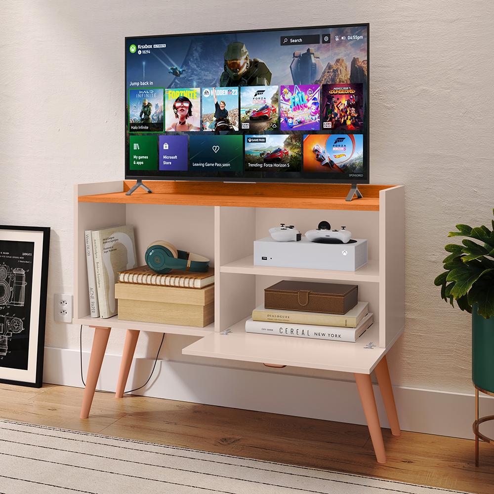 Kit Sala Estar Completa Painel Tv 32 Polegadas Prateleira Suspensa Rack Retrô 1 Porta Puxador Concha Cinamomo/Off White - Lojas RPM