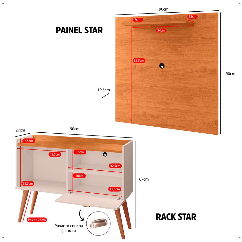 Kit Sala Estar Completa Painel Tv 32 Polegadas Prateleira Suspensa Rack Retrô 1 Porta Puxador Concha Cinamomo/Off White - Lojas RPM