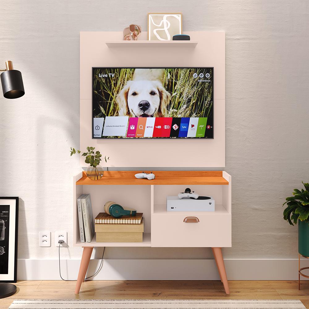 Kit Sala Estar Completa Painel Tv 32 Polegadas Prateleira Suspensa Rack Retrô 1 Porta Puxador Concha Off White/Cinamomo - Lojas RPM