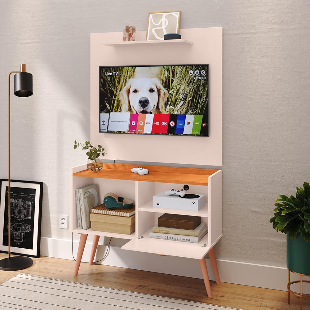 Kit Sala Estar Completa Painel Tv 32 Polegadas Prateleira Suspensa Rack Retrô 1 Porta Puxador Concha Off White/Cinamomo - Lojas RPM