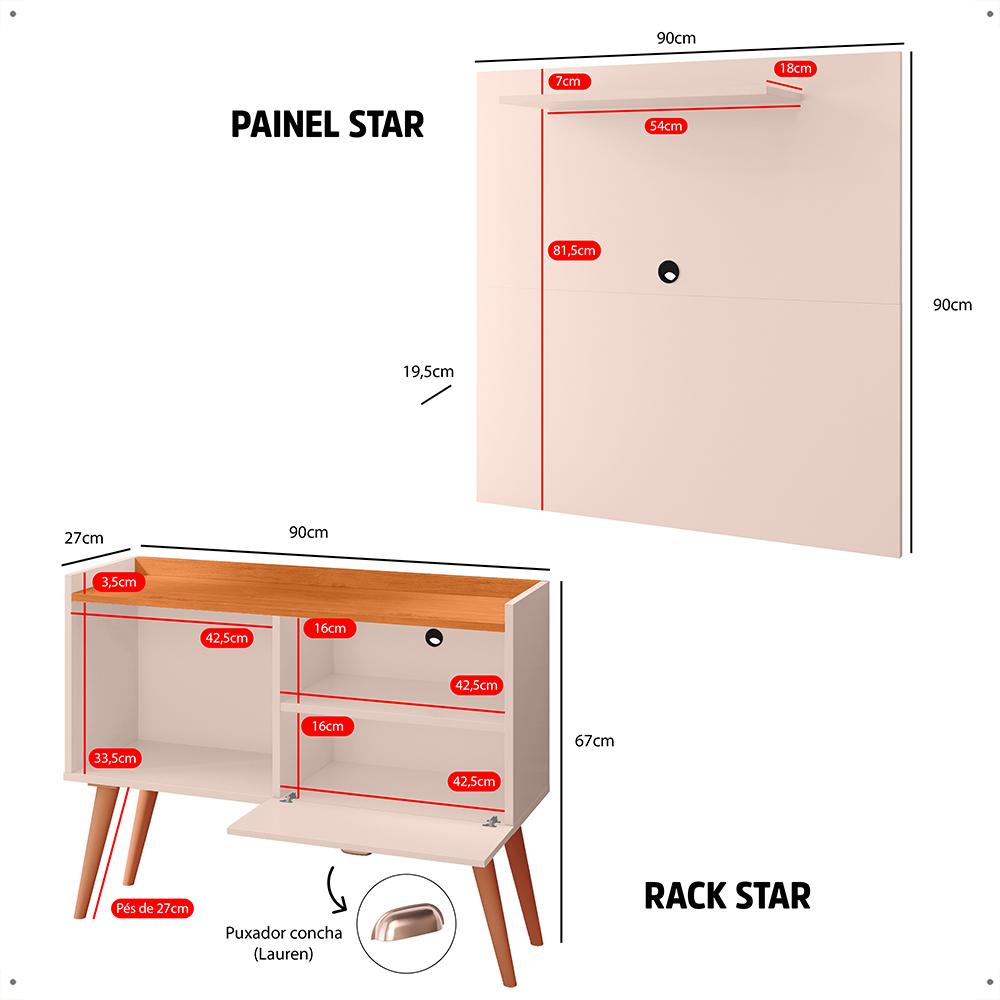 Kit Sala Estar Completa Painel Tv 32 Polegadas Prateleira Suspensa Rack Retrô 1 Porta Puxador Concha Off White/Cinamomo - Lojas RPM