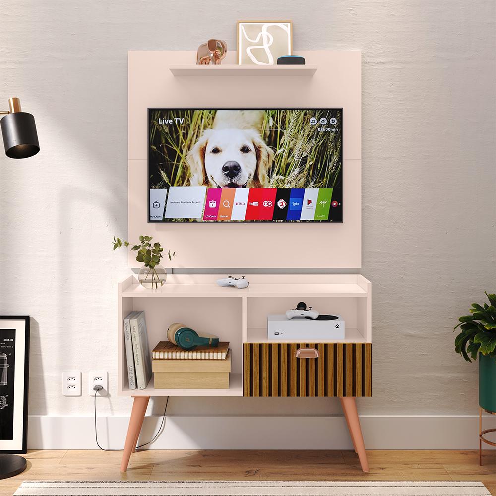 Kit Sala Estar Completa Painel Tv 32 Polegadas Prateleira Suspensa Rack Retrô 1 Porta Puxador Concha Off White/Ripado - Lojas RPM