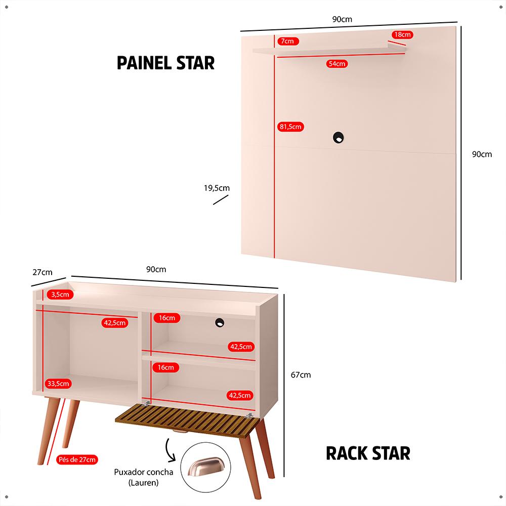 Kit Sala Estar Completa Painel Tv 32 Polegadas Prateleira Suspensa Rack Retrô 1 Porta Puxador Concha Off White/Ripado - Lojas RPM